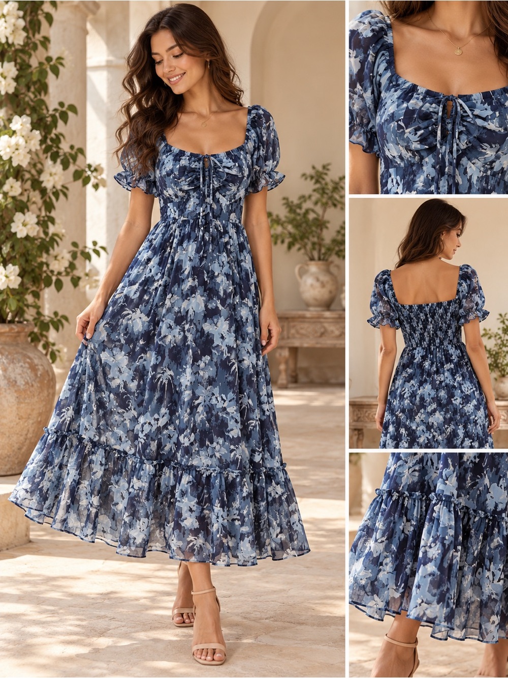 Scarlet Darkness Blue Floral Milkmaid Cottagecore Maxi Dress Puff Sleeve XL NWT